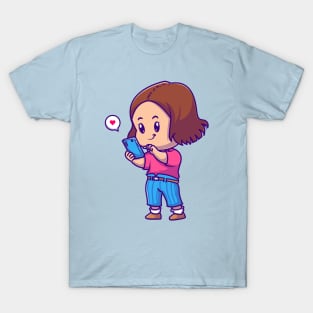 Cute Girl Playing SmartPhone Cartoon T-Shirt